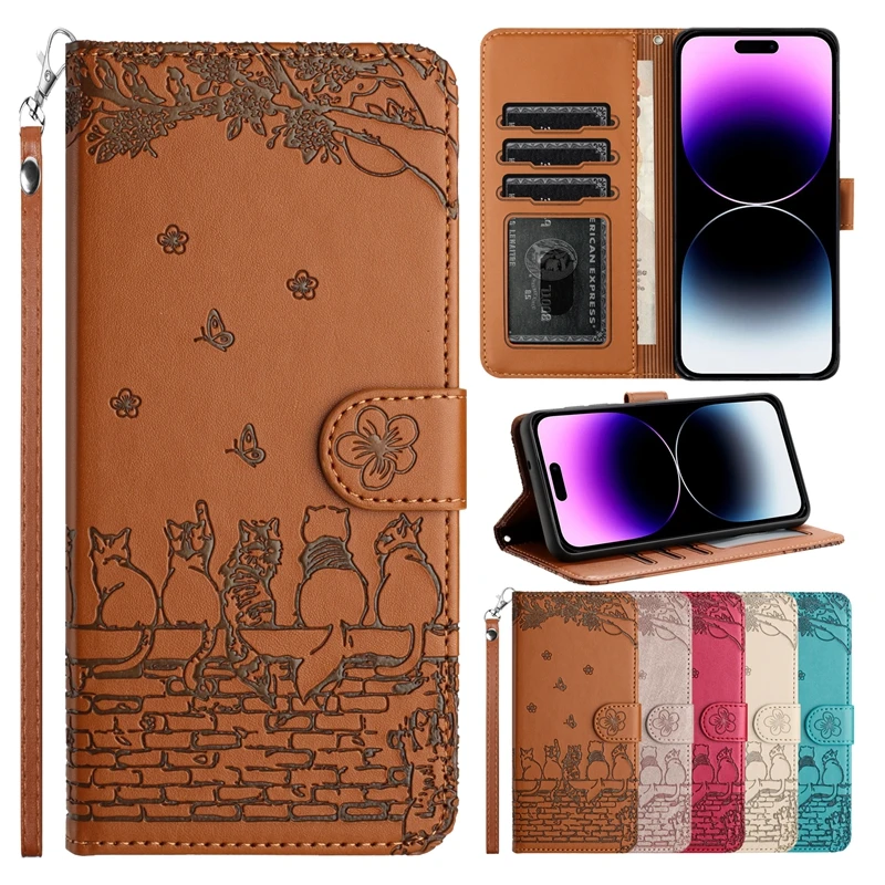 

Wallet Cat Embossed Flip Over Leather Case For iPhone 15 15 Plus 14 Pro 13 Mini 12 Pro Max 11 Pro SE 2022 2020 XS XR 8 7 Plus