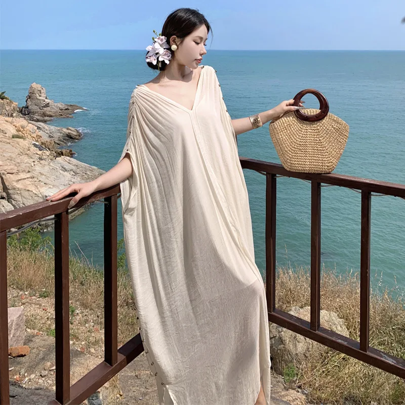 

Summer Casual Loose V Neck Women's Dresses 2025 New Solid Short Sleeve White Long Dress Female