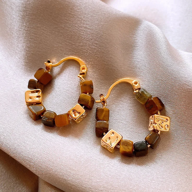 NEW Retro Square Tiger Eye Stone Ear Buckle Simple Personality Hoop Earrings for Women Korean Fashion Jewelry Gift