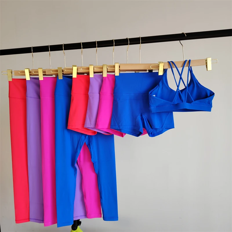 

Gym Women's 3-Piece Solid Color Yoga Sports Suit Running Pilates Fashion Fitness Clothes Tight High Waist Cross Beautiful Back