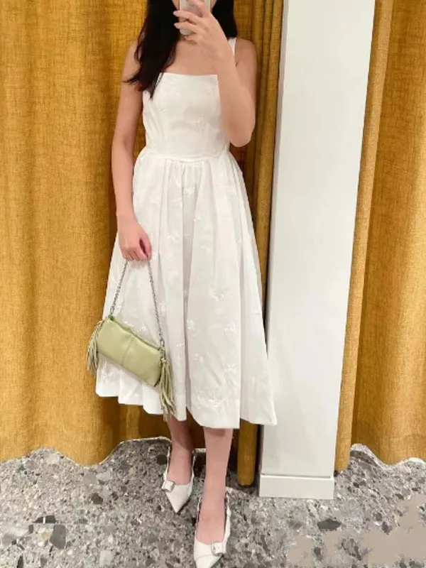 

Элегантное простое белое платье с вышивкой пайетками, квадратным вырезом, завязками на талии, длинное, из хлопка, летнее