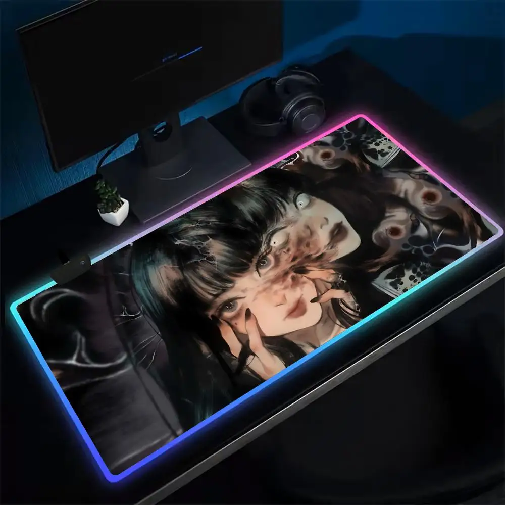 Cute T-Tomie Mouse Pad Anime Gaming Mouse Pad LED Table Pads Backlit Rubber Desktop XXL Mousepad RGB Desk Mats