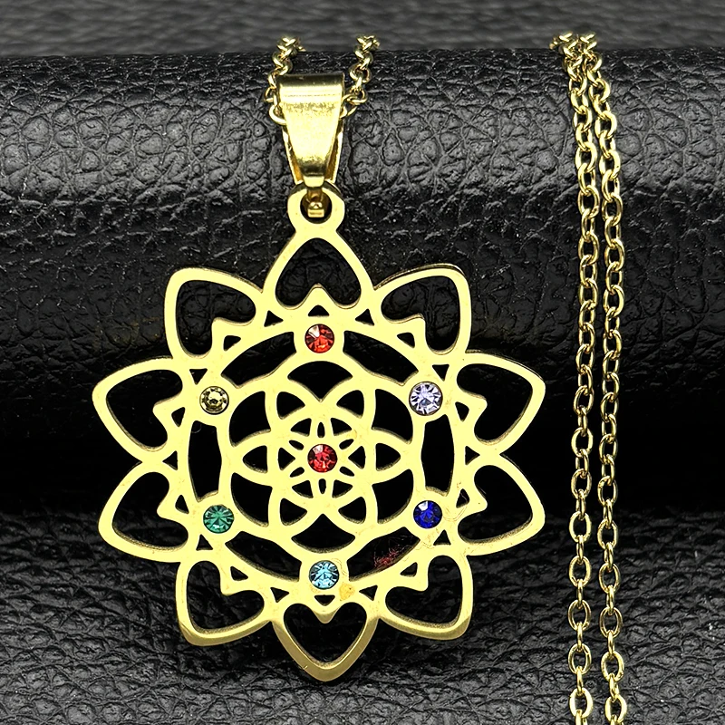 Sacred Geometry 7 Chakra Metatron Heart Necklace Flower of Life Stainless Steel Opal Stone Necklace Reiki Healing Jewelry N6341