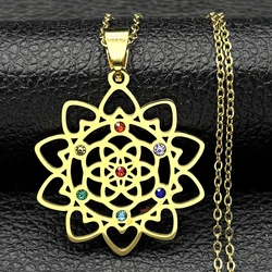 Sacred Geometry 7 Chakra Metatron Heart Necklace Flower of Life Stainless Steel Opal Stone Necklace Reiki Healing Jewelry N6341