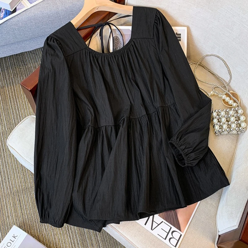 

2025 Korean Sweet Square Collar Waist Cinching Lace Up Tops Plus Size Shirts For Woman Long Sleeve Loose Blouses