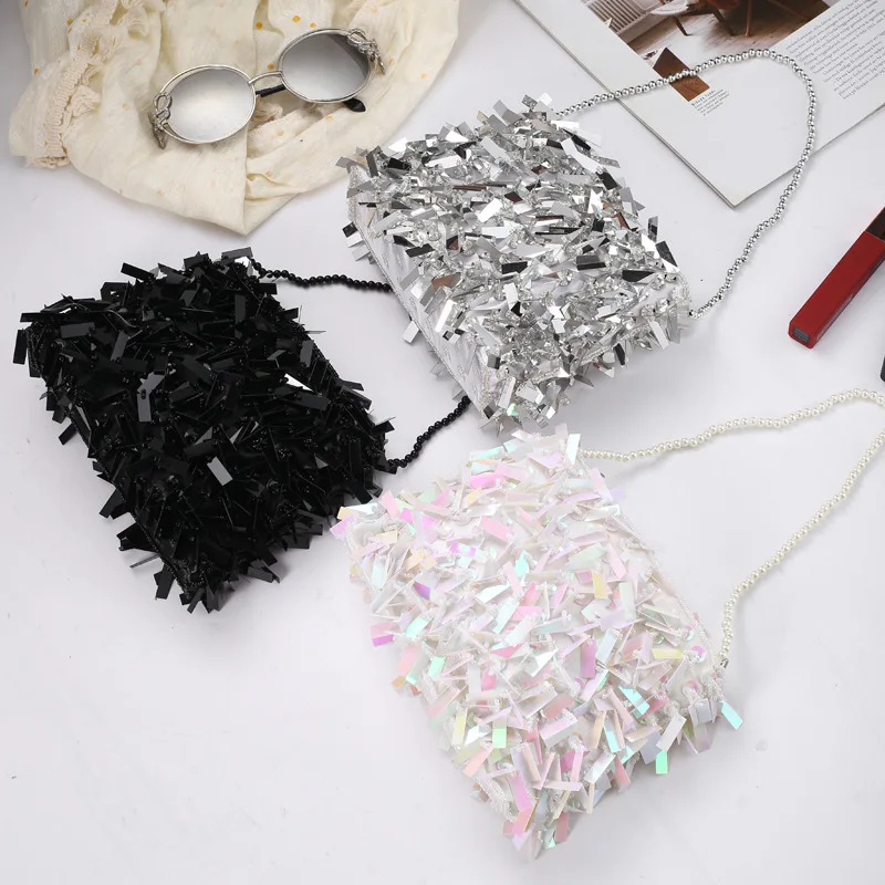 

Ladies Dinner Handmade Beaded Sequined Chain Bag Fashion Banquet Small Square Fashionable Sling Crossbody Bag Bolso Fiesta Mujer