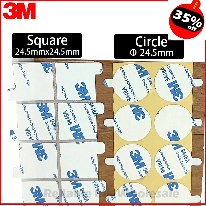 100 circles 3M 9448A with remove Tab White Double Sided Adhesive Round Sticker Diameter=24.5mm (Square 24.5mm Optional) Wax Seal