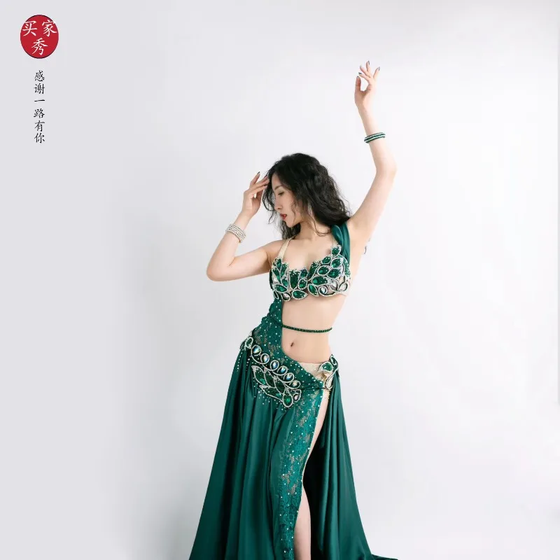 Customized Belly Dancewear Rhinestone Accessories Group Stage Suit Performance Costume Belly Dancing Bra Tassel Split Skirt Set