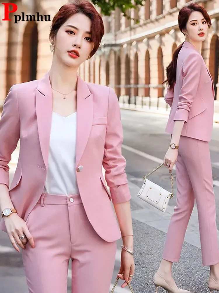 เกาหลีอย่างเป็นทางการผอมแขนยาวเสื้อสเวตเตอร์ถัก Blazer Conjuntos Ol เอวสูงตรงกางเกงชุดผู้หญิง 2 ชิ้นชุด