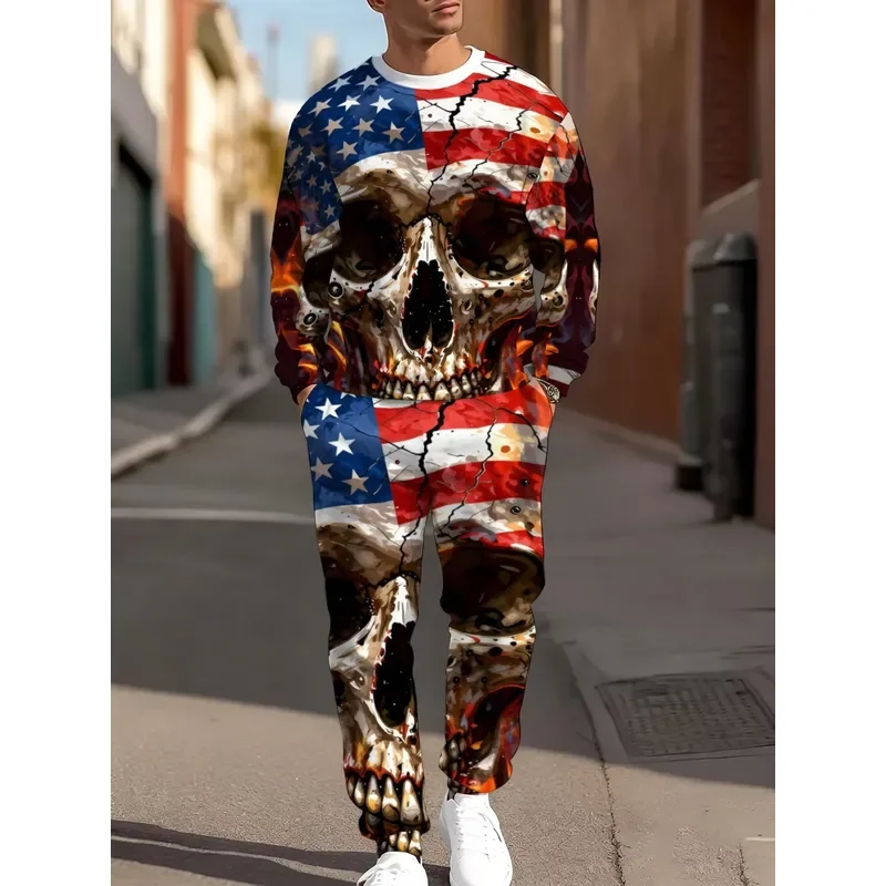 Men Round Neck Sweater Set 3D Small Skull Print Autumn Winter Fashionable Casual Comfortable Long Sleeve Pullover Top