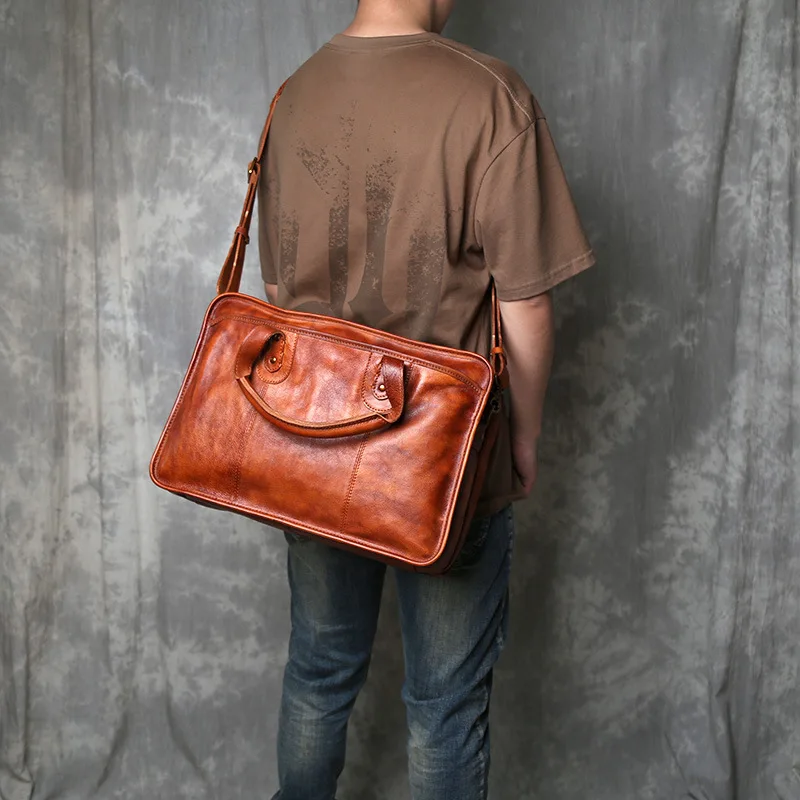 Handmade Genuine Leather Business Casual Cowhide Men's Messenger Bag Top Grain Leather Briefcase Crossbody Laptop Satchel Bag