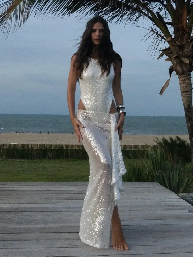 

Elegant Sequined Skirts Two Piece Sets Women Holidays Party Suits Sexy Bodysuit and Slit Long Skirts 2025 New Club Dress Sets