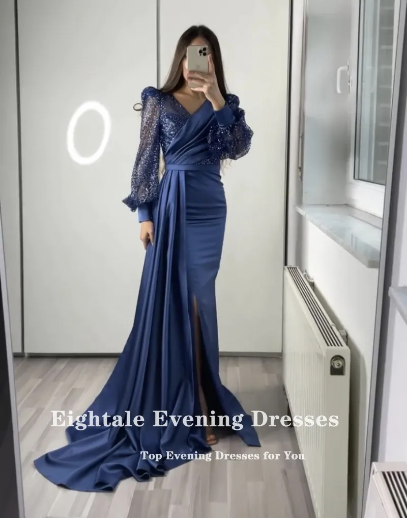 Gaun Malam Putri Duyung Hijau Zamrud Eightale Gaun Prom Glitter V-Neck dengan Lengan Bengkak Panjang Gaun Pesta Pernikahan Formal Satin