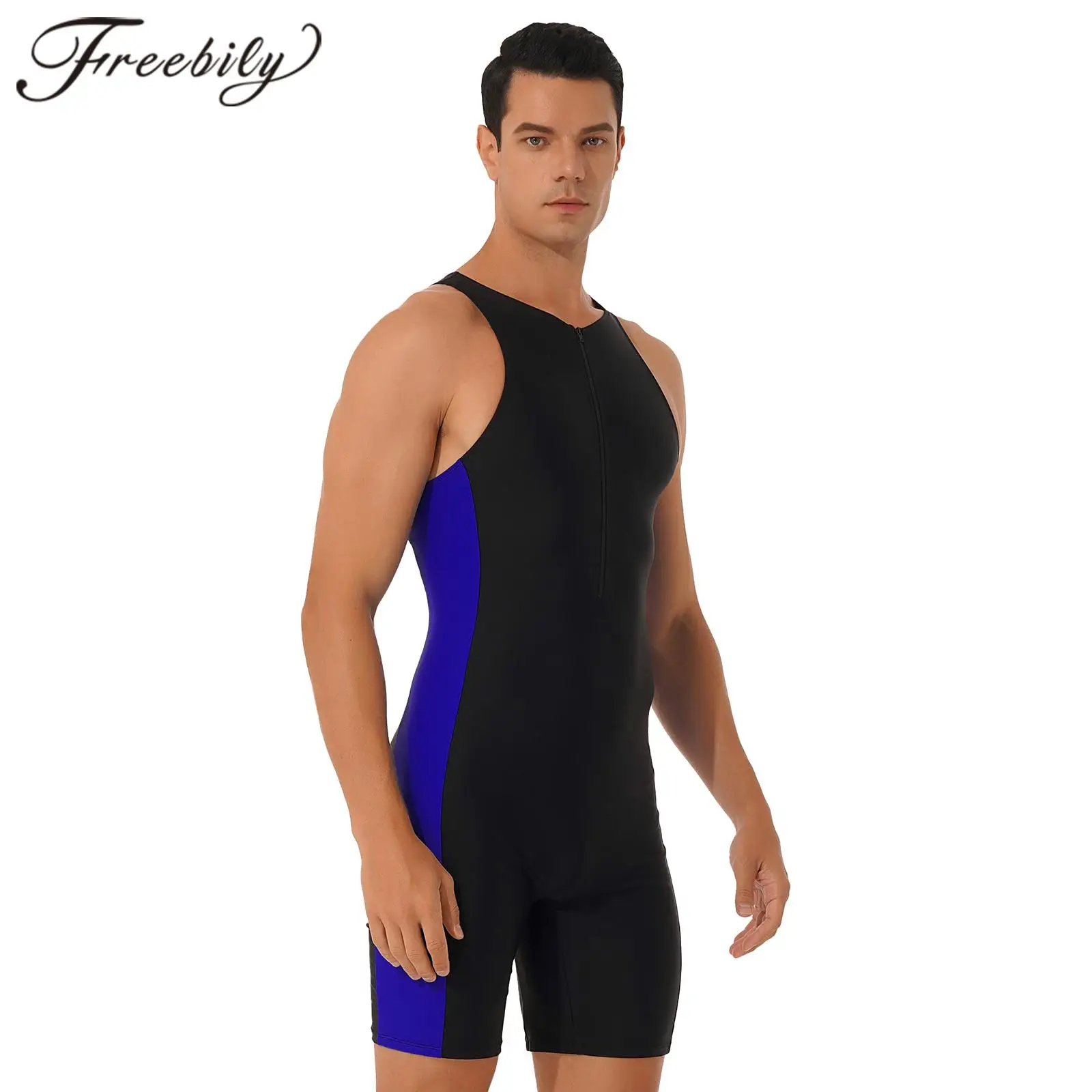 One-Piece Swimwear for Men, Round Neck, Sleeveless Bodysuit Zipper Shorts, Triathlon Wetsuit for Beach Pool Swimming, Bathing Su