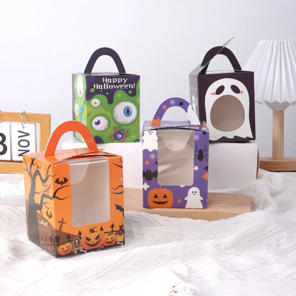 Halloween Cupcake Boxes Individual Kraft Paper Single Cupcakes Container with Handle for Wedding Halloween Party Favor Packaging