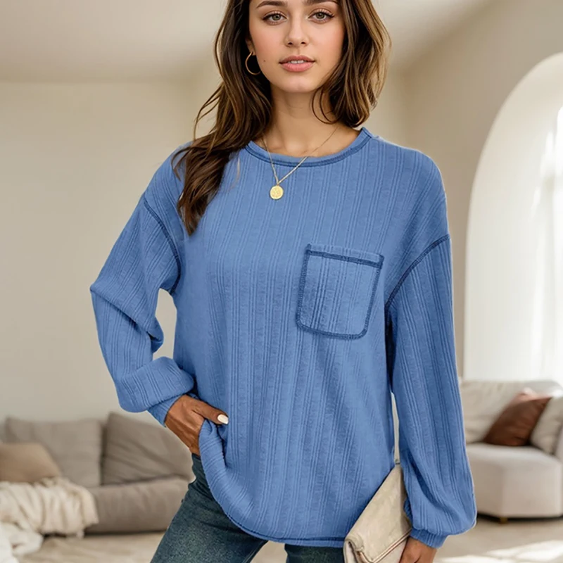 T-Shirt For Women Clothing Casual Solid Color Patchwork Pocket Round Neck Long Sleeved T-shirts Fashion Lady Knitwears Blouses