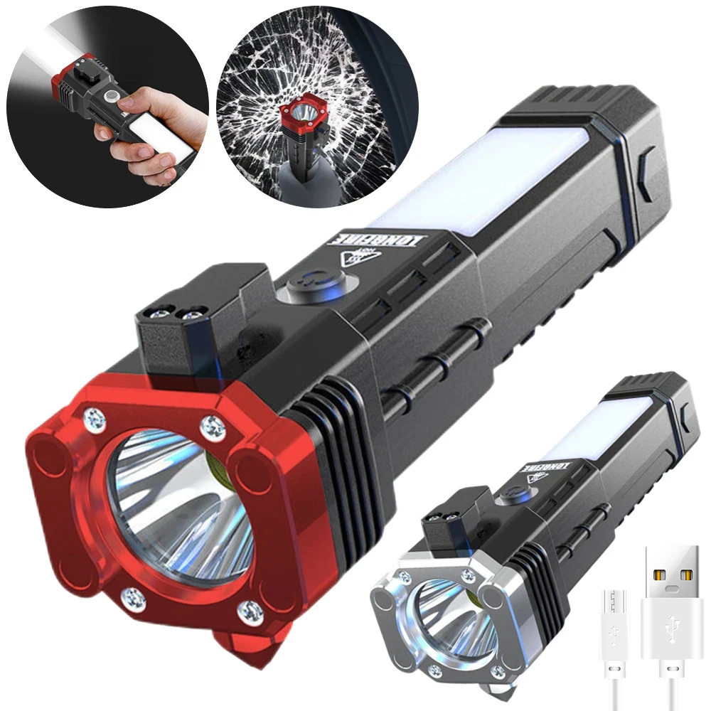 Super Bright LED Flashlight with Safety Hammer and Strong Magnets Side Light Torch Light Portable Lantern for Adventure Camping