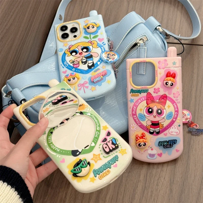 3D Cute Cartoon The Powerpuff Girls Hide Makeup Mirror Phone Case For iPhone 15 14 13 12 11 Pro Max Soft TPU Cover With Lanyard