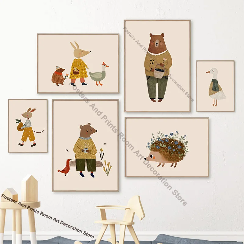 Funny Cartoon Animals Bear Rabbit Nursery Wall Art Canvas Prints Hedgehog Goose  Posters Pictures Baby Kids Room Bedroom Decor