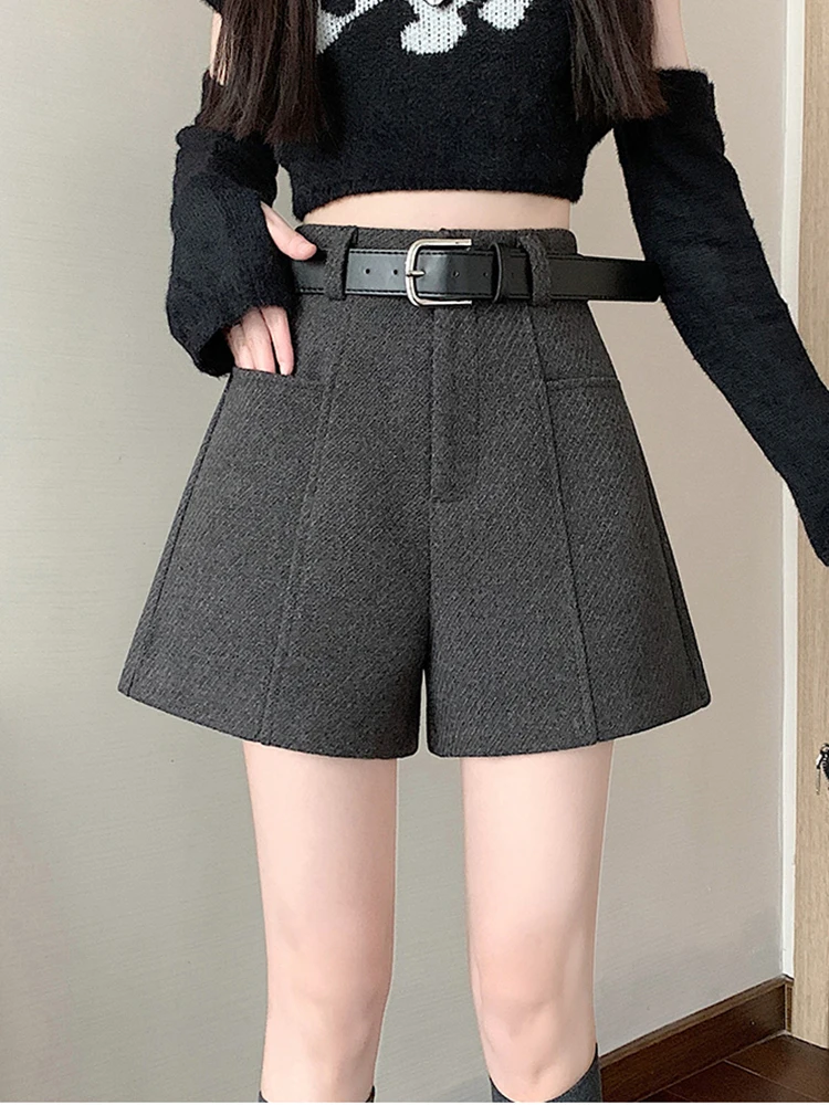 2025 الشارع الشهير الصوفية الشتاء السراويل امرأة عادية فضفاض واسعة الساق سراويل قصيرة فام مع حزام الغنيمة رمادي أسود البضائع السراويل النساء #6