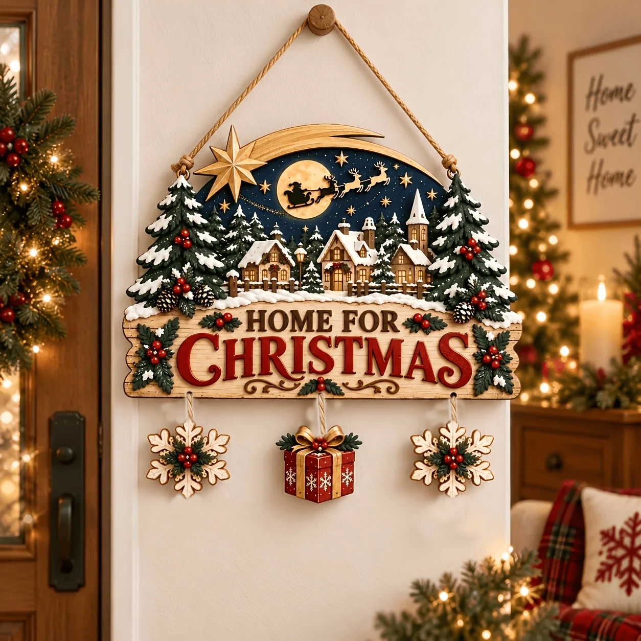 2D Flat Rustic Wooden Snowman Door Sign for Front Door Porch and Entryway Hanging Decoration Comes with A Rope