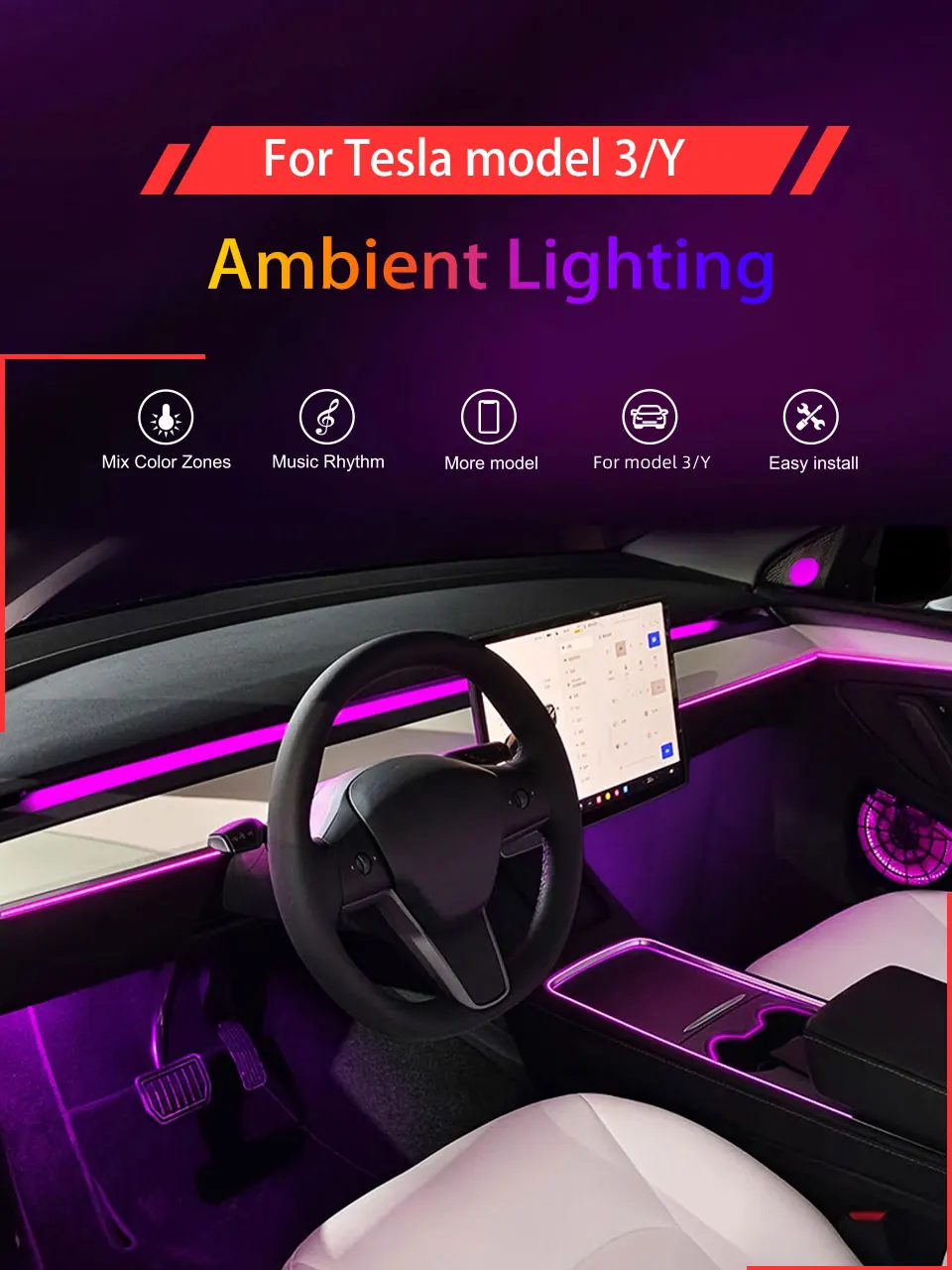 Tesla Atmosfera Light para Model 3 Y, LED especial, RGB, escultura radiante, 512 cores, Mobile App, tela do veículo, controle de cores