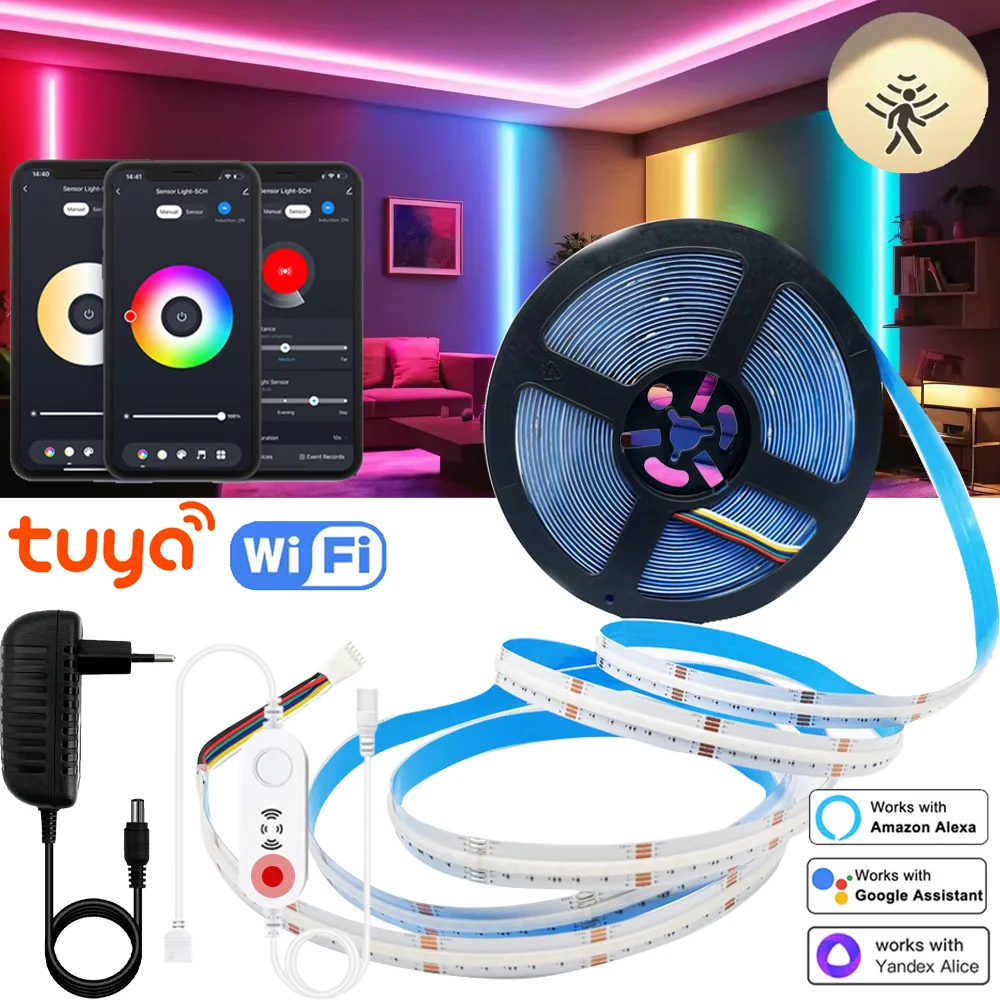 Tuya WiFi DC24V High Density Flexible COB RGBCCT Tape 6Pin 840led/m Led Strip Light Human Presence Sensor for Alexa Smartthings
