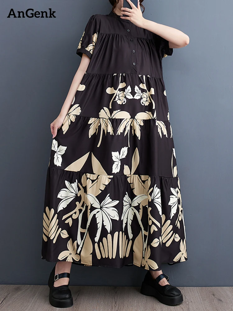 Short Sleeve Vintage Print Long Dresses For Women Summer New In Korean Fashion Loose Casual Dress Robe Elegant Clothing 2023