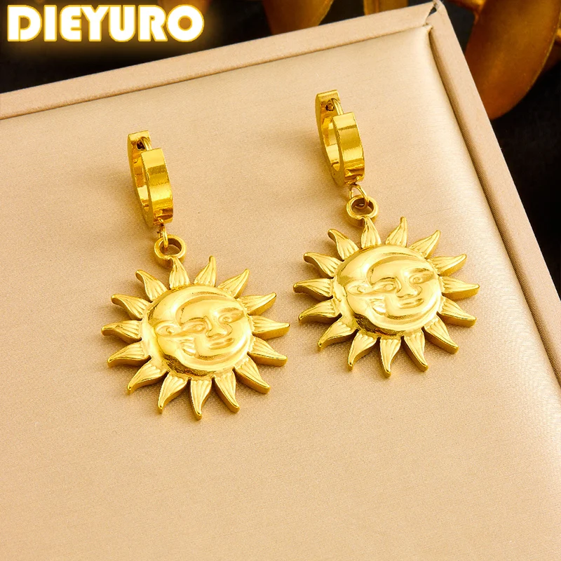 DIEYURO 316L Stainless Steel Golden Concise Relief Sun Pendant Earrings For Women Girl Fashion New Trend Ear Buckle Jewelry Gift