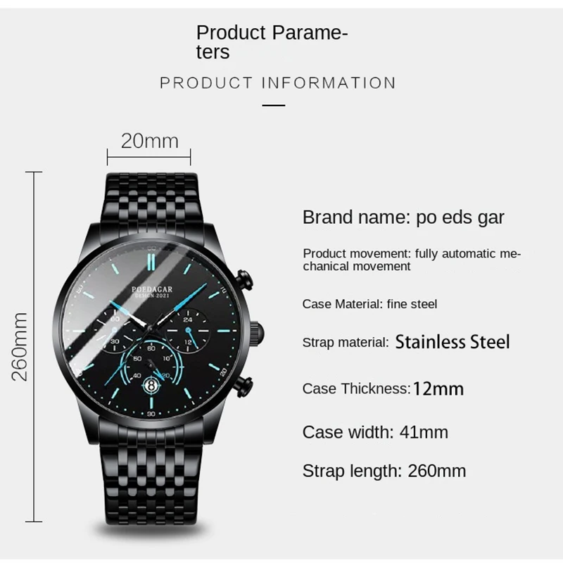 POEDAGAR Chronograph Quartz Watch Fashion Stainless Steel  Men Wristwatch Waterproof Luminous Date Sport Watch Relogio Masculino