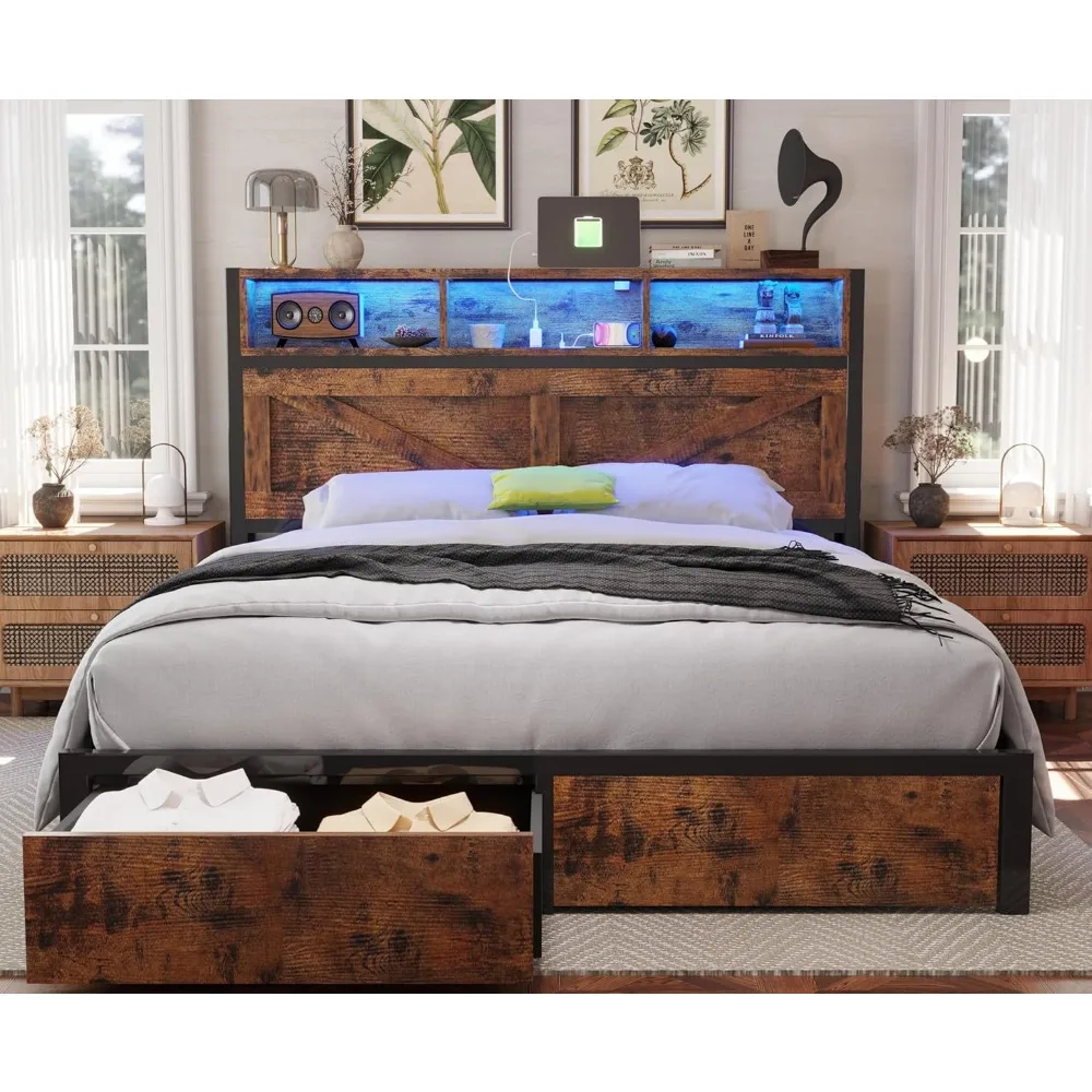 

Full Size Bed Frame with Storage Bookcase Headboard and Drawers, RGB LED Lights and Charging Station, No Box Spring Needed