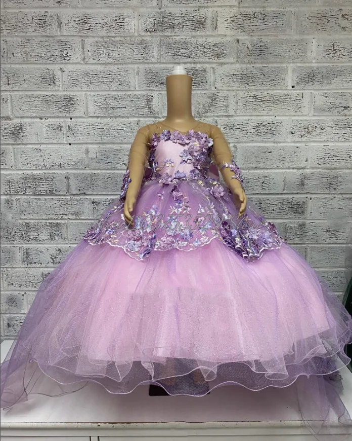 Elegant Lilac Purple Lavender Flower Girl Dress 3D Floral Applique Beaded Tulle Long Sleeve Mini Quinceanera Dresses