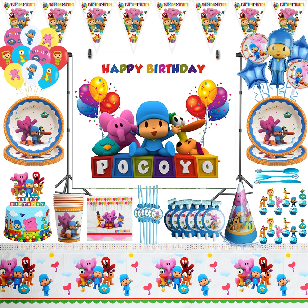 Cartoon Pocoyoed Birthday Party Decorations Disposable Tableware Paper Plates Cups Banner Balloons for Kids Baby Shower Supplies