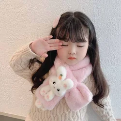 New Boys Girls Winter Scarfs Thick Plush Cross Children's Scarf Baby Bib Cute Cartoon Rabbit Faux Fur Neck Protection Warm Shawl