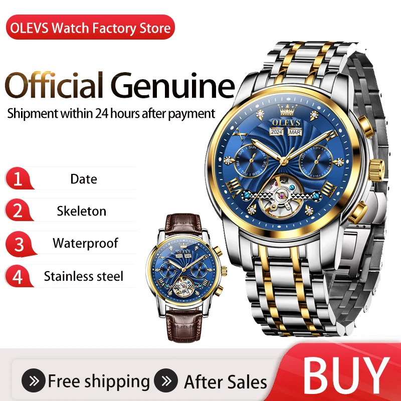 

OLEVS Skeleton Многофункциональные reloj hombre Светящиеся водонепроницаемые часы Автоматические механические часы Дата Оригинальные настоящие 시계