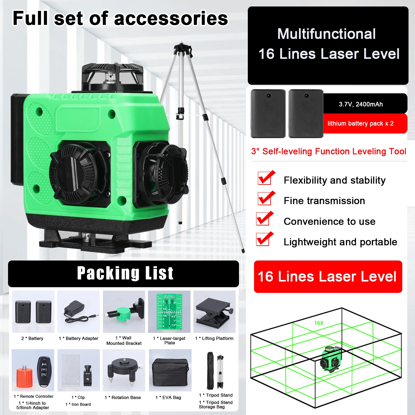 

Rechargeable 16-Line Laser Level with 1.2m Tripod & 8H Battery - Green Beam Self-Leveling for Indoor/Outdoor Tiling Plumbing
