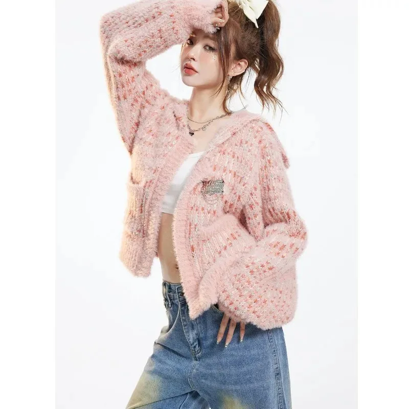 Female Autumn and Winter 2024 New Lazy Wind Loose Knit Cardigan Fashion Fashion Brand Sense of Design Navy Collar Sweater Jacket