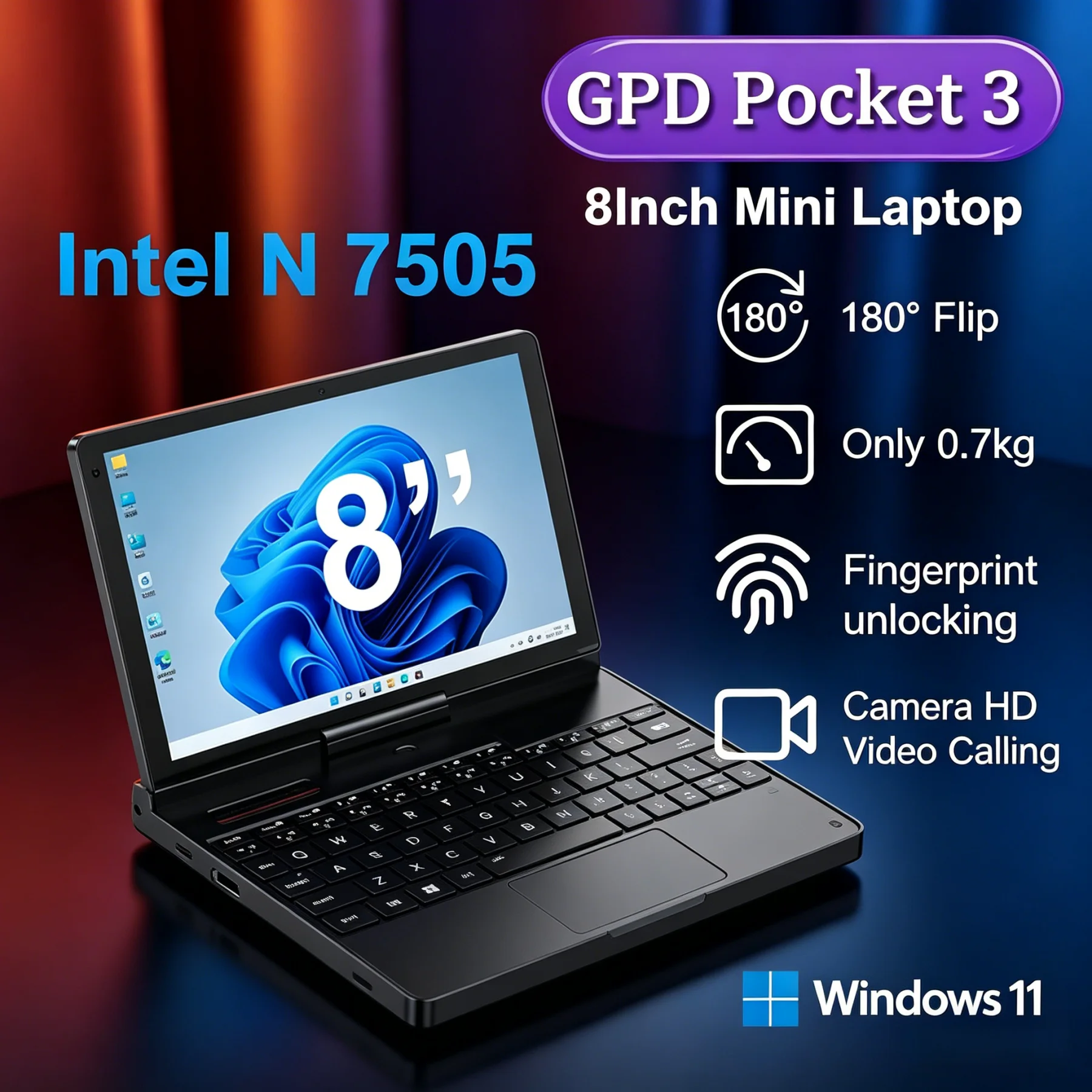 In Stock GPD Pocket 3 Mini Laptop, 8 Inch Intel Gold 7505 Processor, 16GB 512GB SSD, Full-featured Modular Handheld Computer