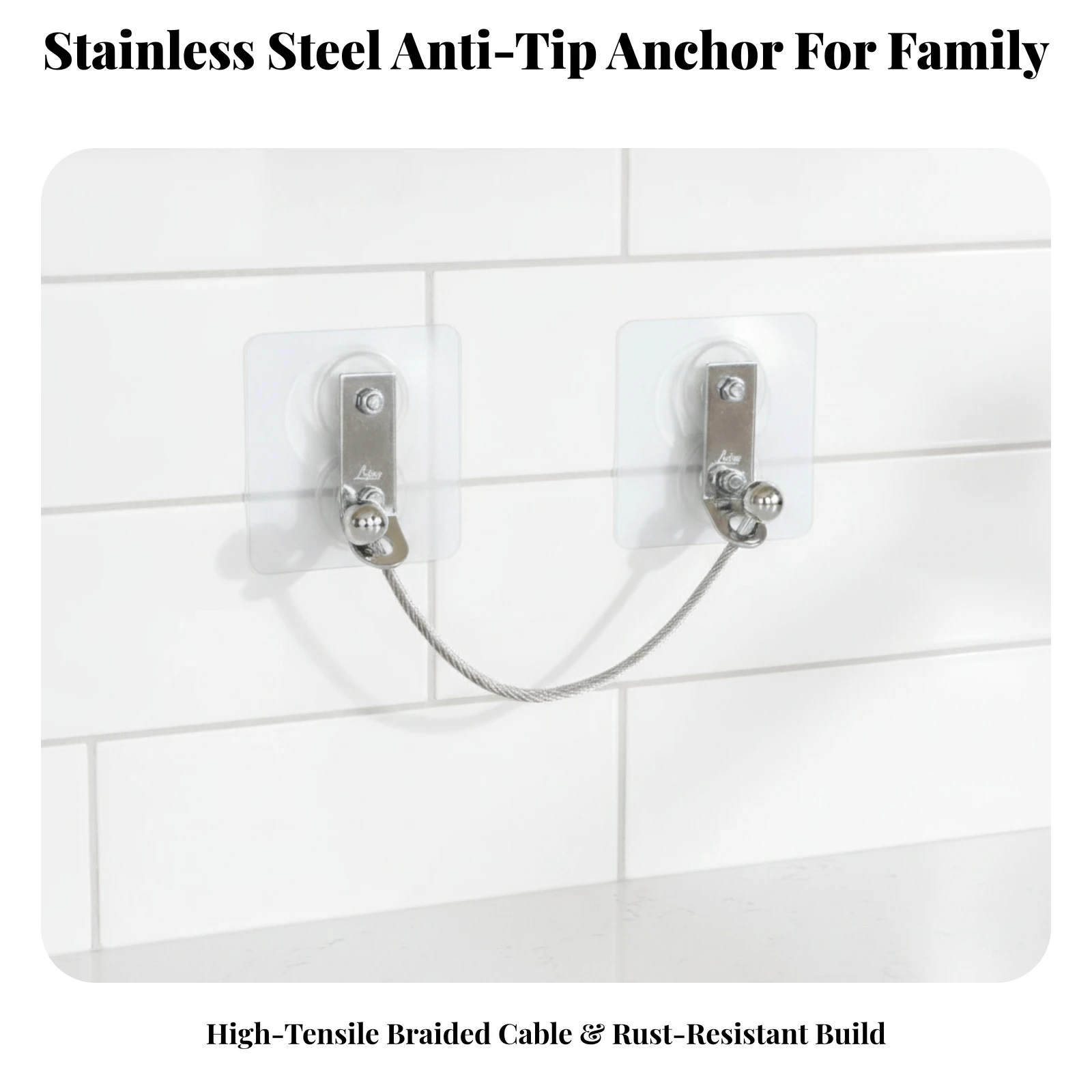 Furniture Wall Anchor with Cable No-Drill Furniture Anchor with Steel Cable Strong Discreet for Renters, Dresser, Bookcase
