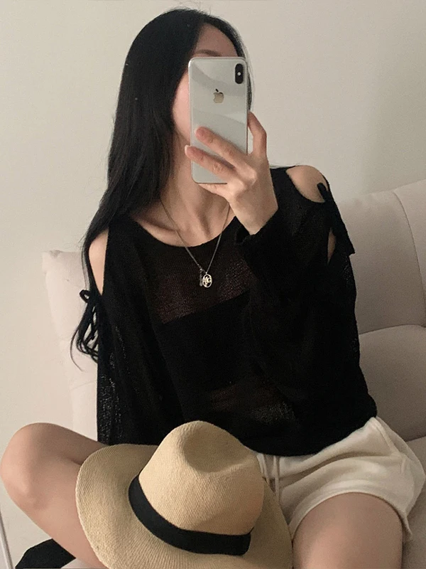 Suéter f solto estilo coreano, primavera, novo estilo, cinto, ombro nu, dividido, transparente, manga crida, top de...