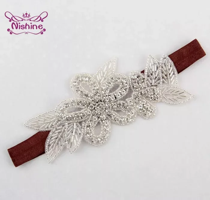 1PCS Baby Girls Crystal Flower Leaf Christening Bridal Elastic Headband Rhinestone Hair Band Kids Party Photography Props