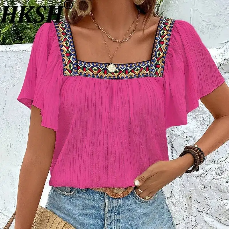 

HKSH Women Pullover Shirt Fashion Vacation Style Embroidery Square Collar Ruffle Short Sleeve Backless Blouse Ins Summer HK24181