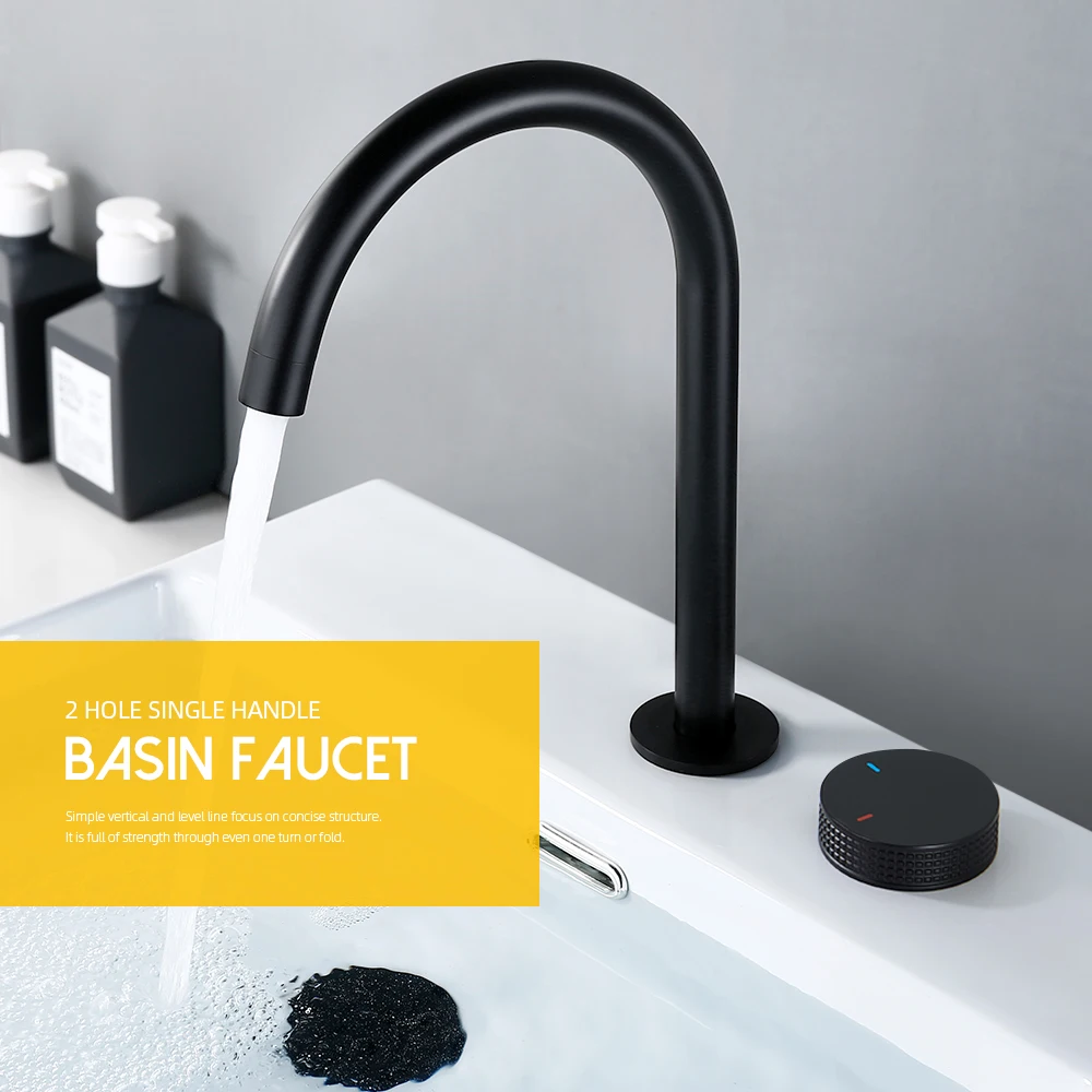 Matte Black Basin faucet  Single Knurled Knob Deck Mounted Widerspread Mixer Hot And Cold Sink Tap 2 Set Brass Restroom Mixer