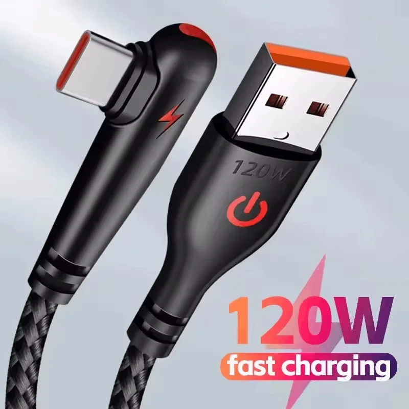 90 Degree Angle USB C Cable 120W Fast Charging Phone Charger Data Line for Samsung Xiaomi Huawei Quick Charge Type C Cord