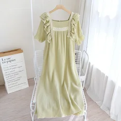 Summer New Ladies Nightdress 100% Cotton Crepe Lotus Leaf Sleeve Long Dress Palace Style Short Sleeve Nightdress Home Skirt