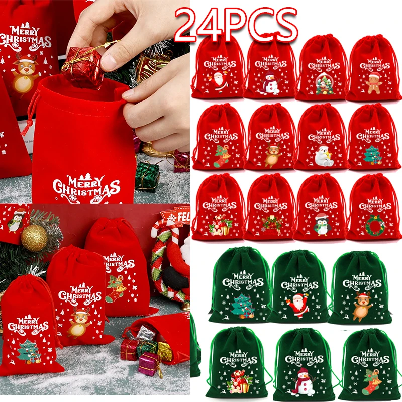 

Christmas Velvet Gift Bags Candy Biscuits Red Drawstring Pouch Xmas New Year Party Decor Velvet Bracelet Jewelry Packaging Bag