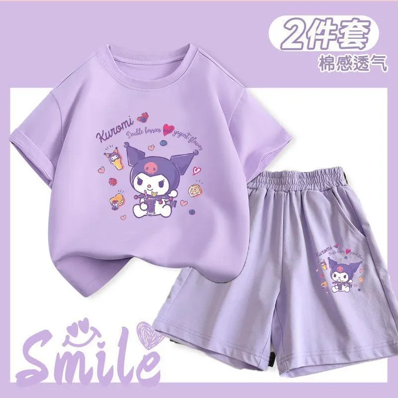 

Sanrios Children Summer Short-Sleeved Shorts Set Kawaii Kuromi Cinnamoroll Mymelody Cute Cartoon Children T-shirt Two Pieces/set