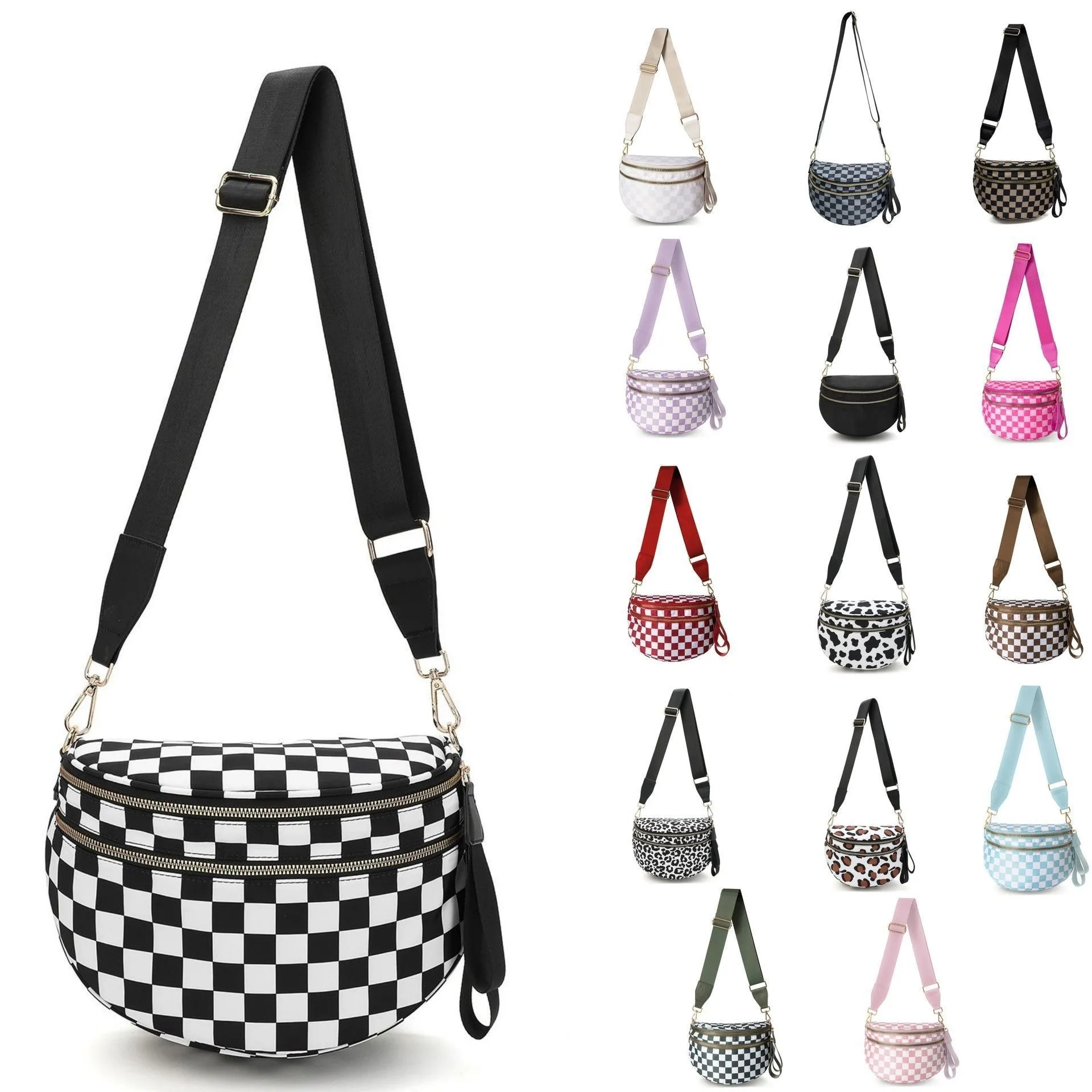 Black and White Checkered Spacious Bum Bag Crossbody Bags for Women Nylon Travel essentials Mommy Bag Diaper Bag for Mom