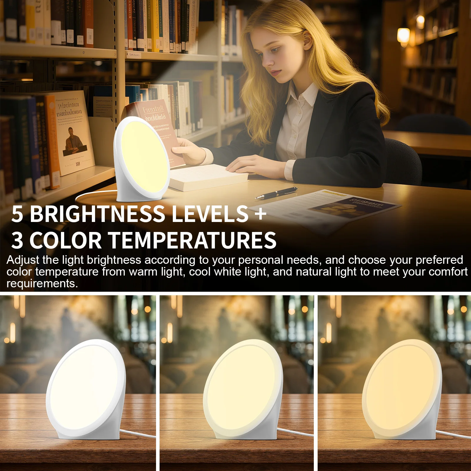 Daylight Lamp,10000 Lux Lamp, Portable Natural Sunlight Lamp with Memory Function,6 Timer Settings,Adjustable Brightness Level