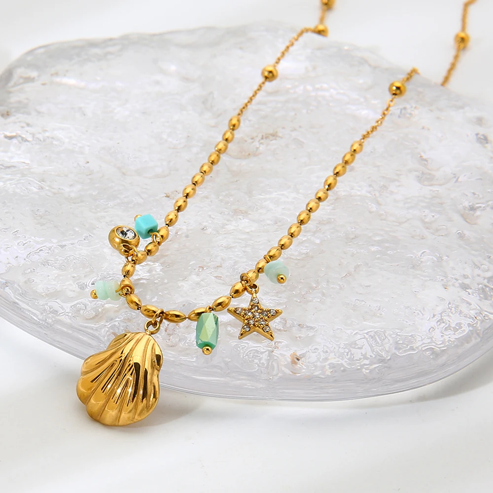 

18K Gold Plated Star Shell Cubic Zirconia Inlaid Glass Pendant Necklace Stainless Steel Waterproof Exquisite Jewelry for Women